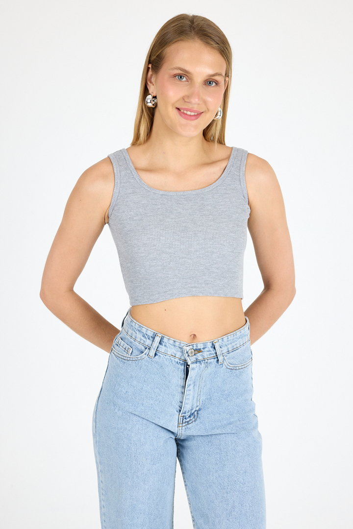 Picture of Kadın Pamuklu Kaşkorse Bisiklet Yaka Kalın Askılı Crop Gri