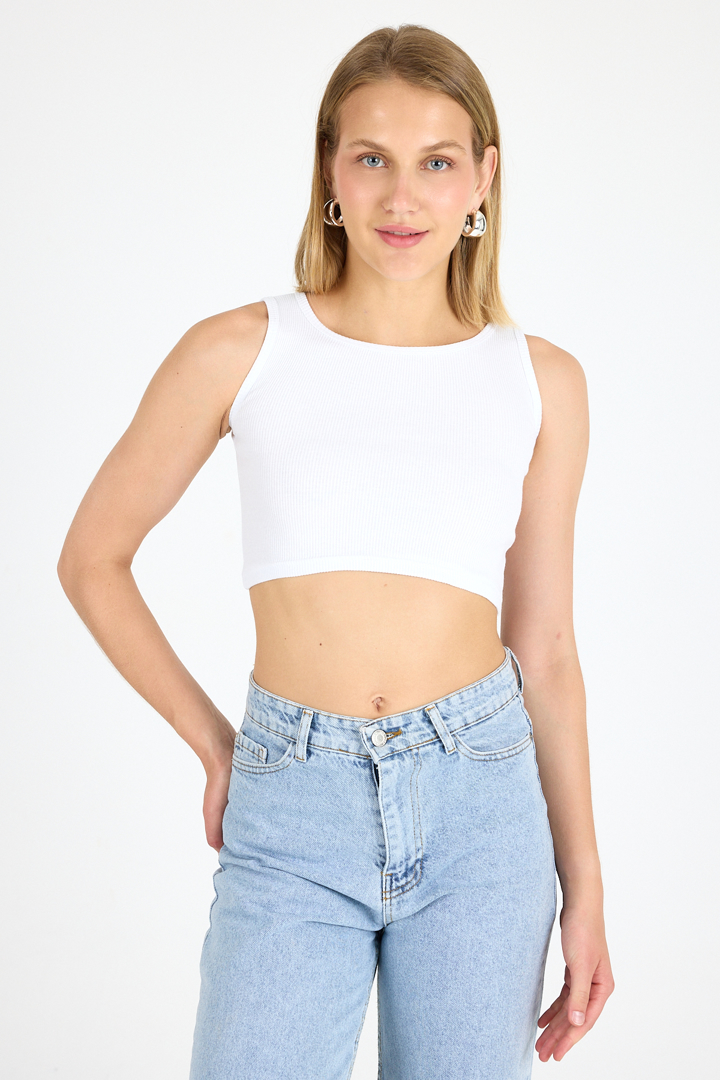 Picture of Kadın Pamuklu Fitilli Halter Yaka Kalın Askılı Crop Beyaz