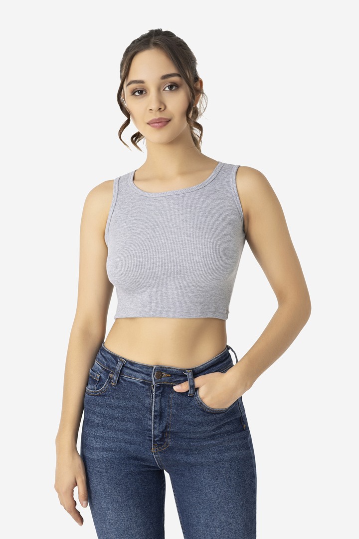 Picture of Kadın Pamuklu Fitilli Halter Yaka Kalın Askılı Crop Gri