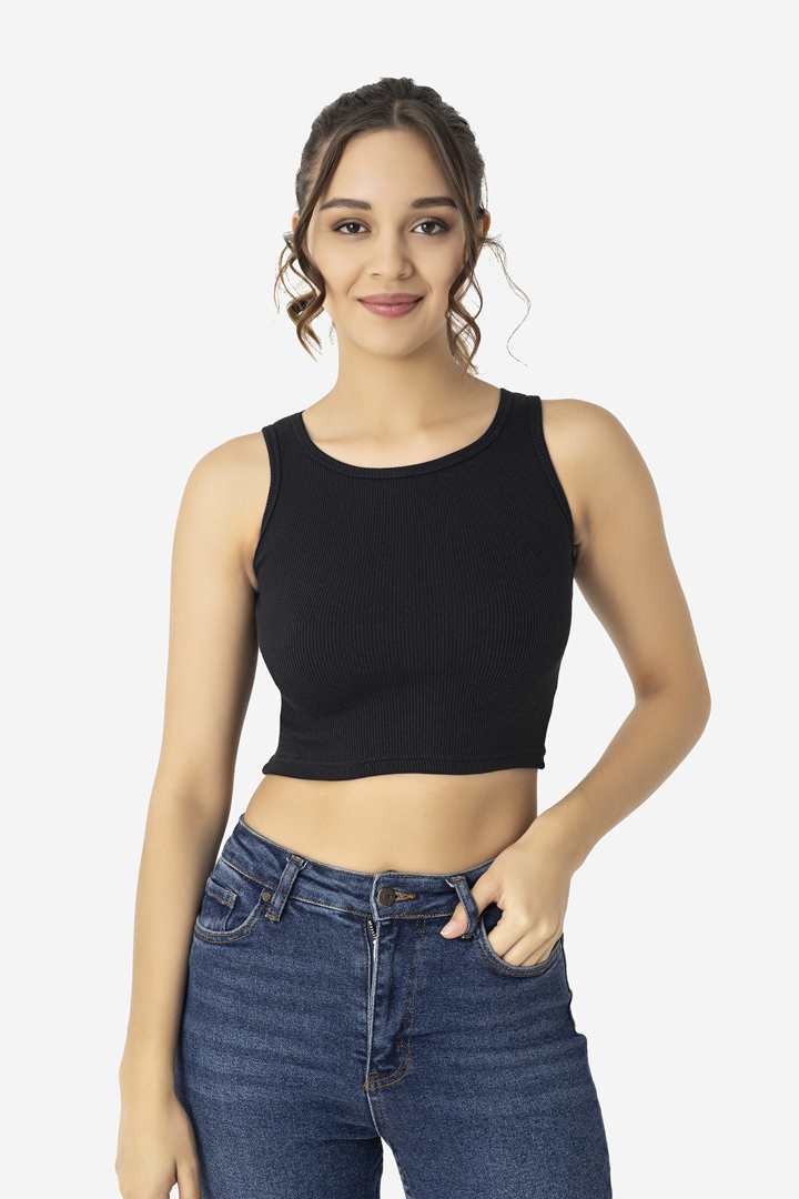 Picture of Kadın Pamuklu Fitilli Halter Yaka Kalın Askılı Crop Siyah