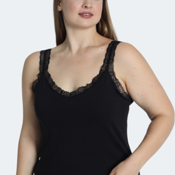 Women's Plus Size Yakası Lace-Trimmed Tank Top Black Cotton