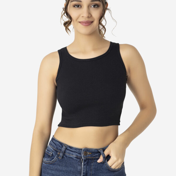 Women's Cotton Ribbed Halter Neck Wide Strap Crop Black
