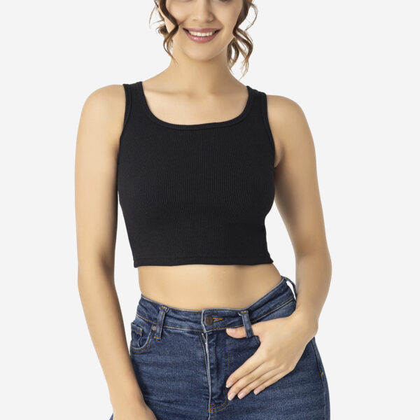 Women's Cotton Ribbed Crew Neck Wide Strap Crop Black