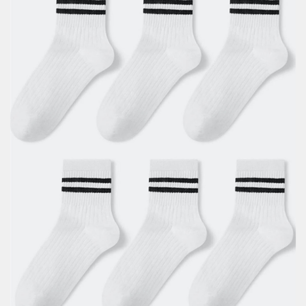 6 Çift Unisex Çizgili Kolej Çorap Beyaz
