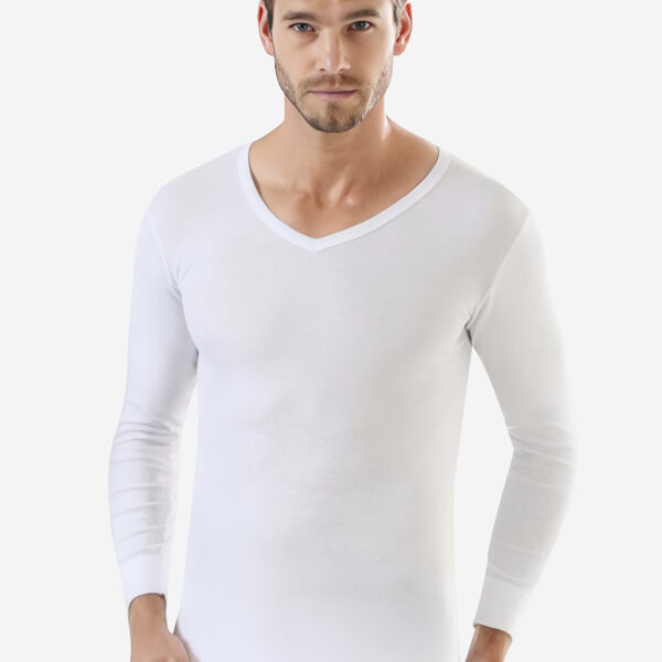 Men's White Rib Knit Uzun Kol V-Neck Badi